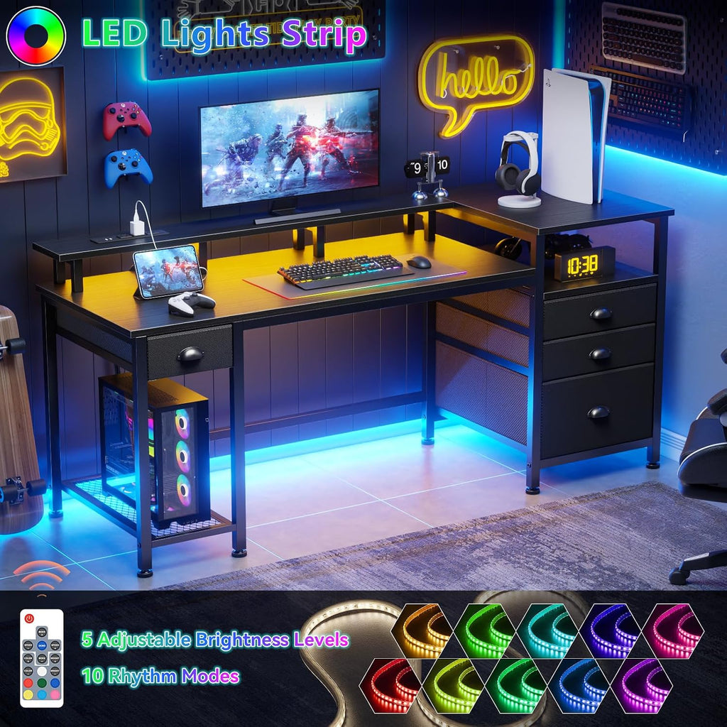 Black LED Storage Home‑Office Gaming Desk