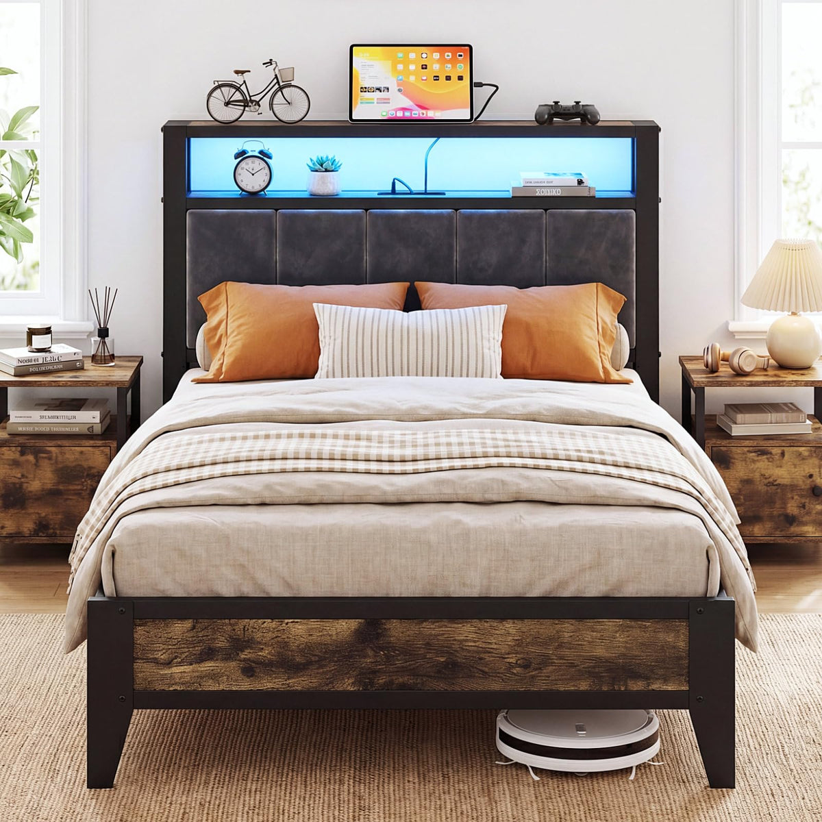 LED Charging‑Station Twin Platform Bed Frame