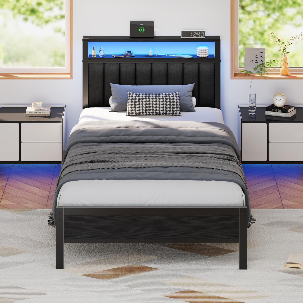 LED Charging‑Station Twin Bed Frame