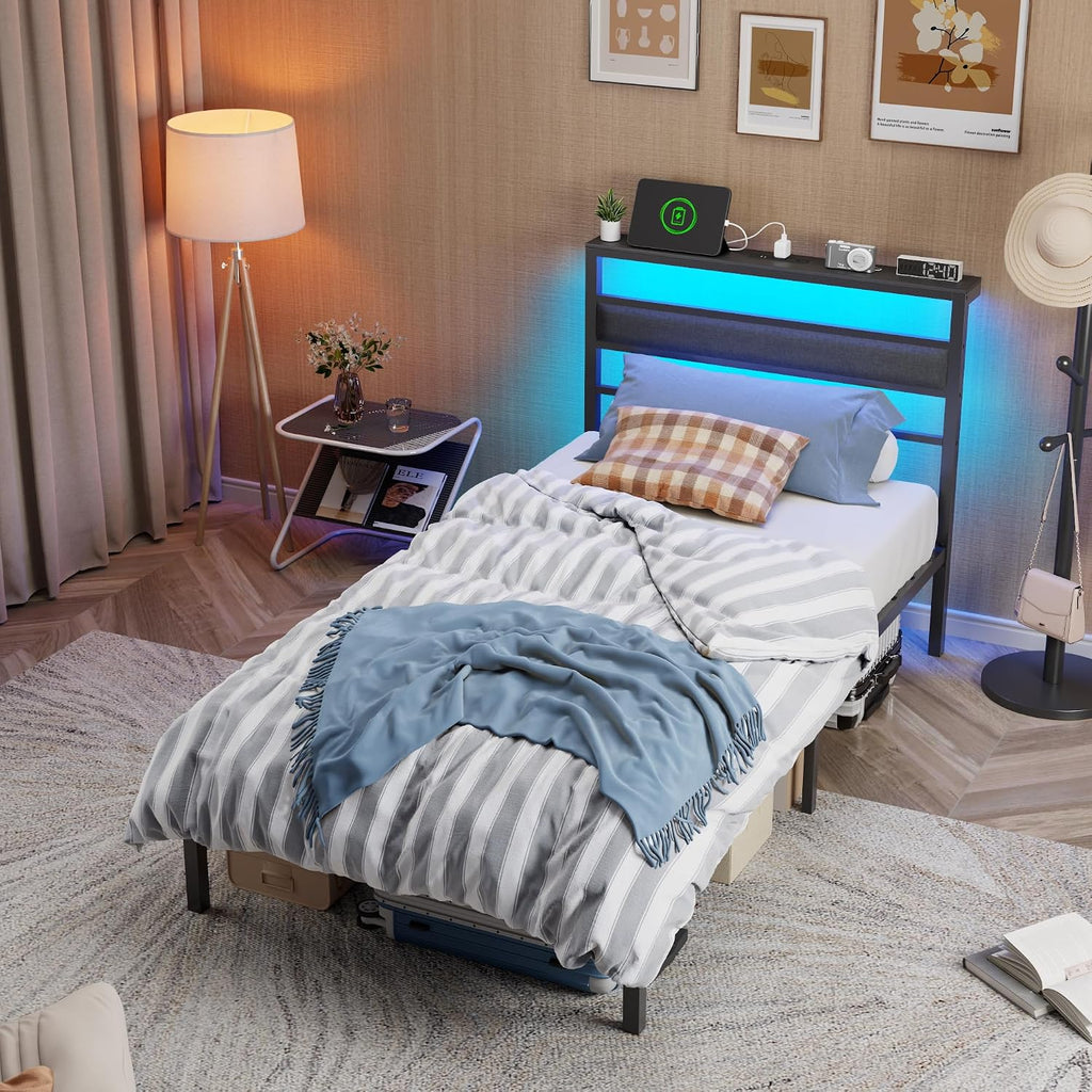 Black Shelved Upholstered Twin Bed Frame