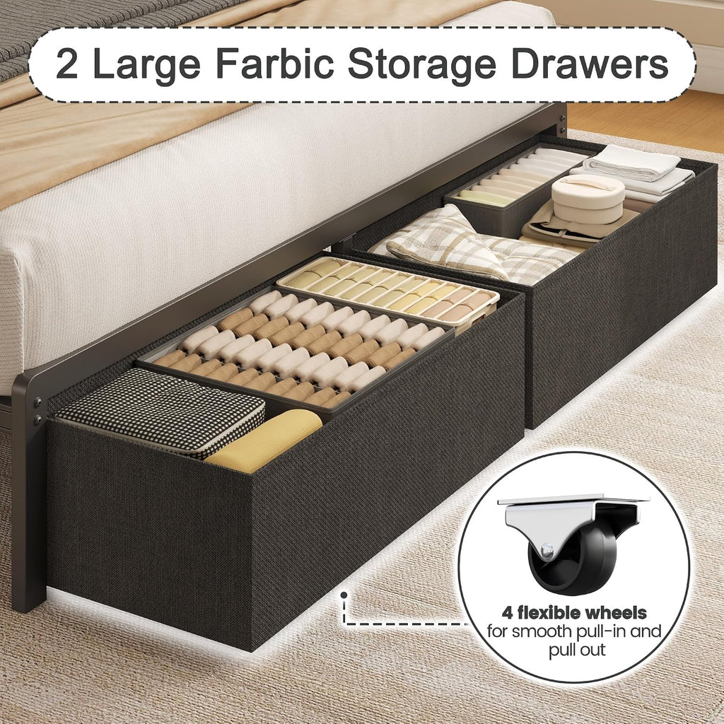 Grey LED Storage Upholstered Twin Bed Frame