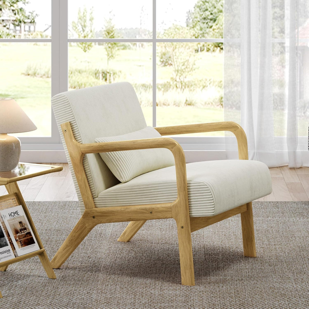 Beige Corduroy Mid‑Century Accent Chair
