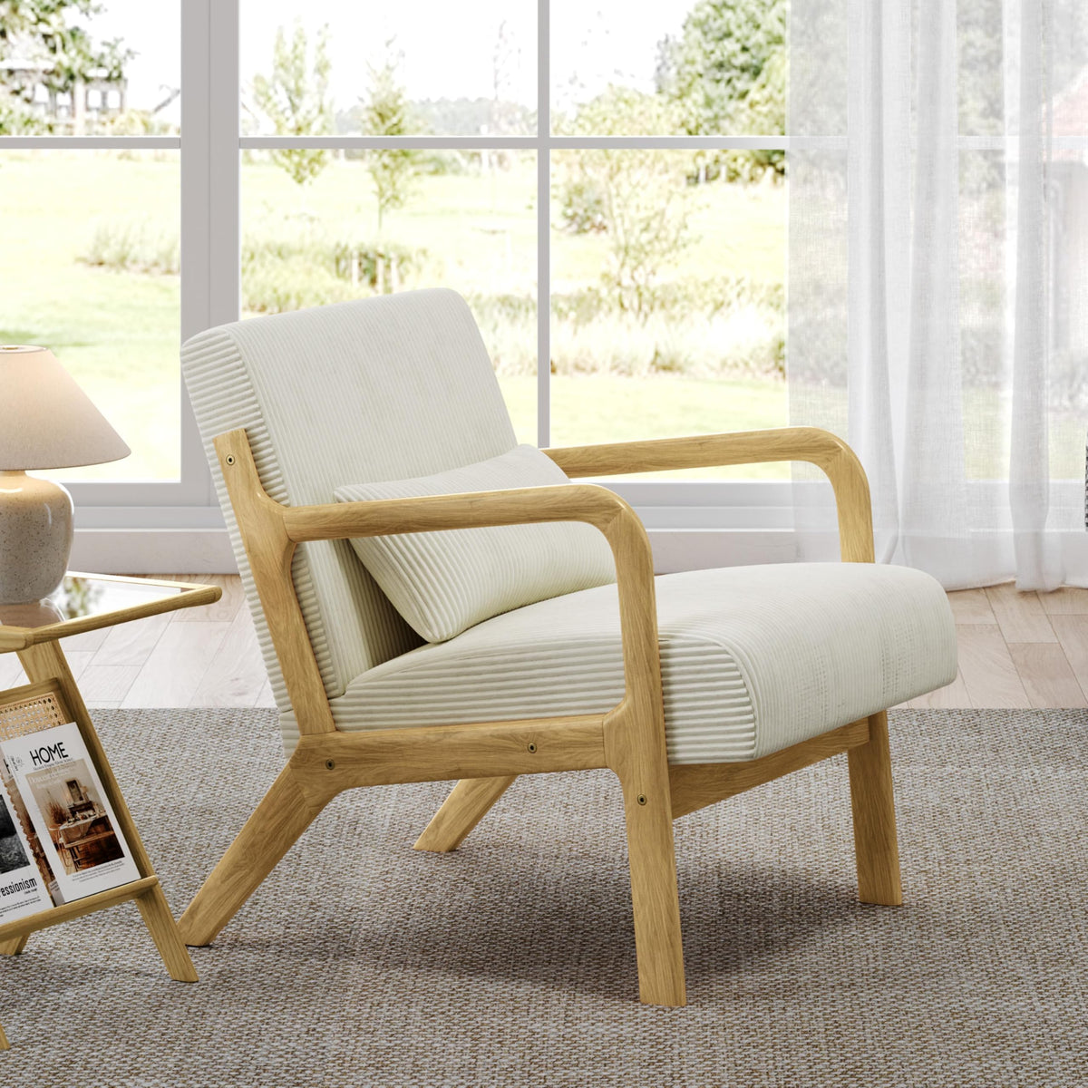 Beige Corduroy Mid‑Century Accent Chair