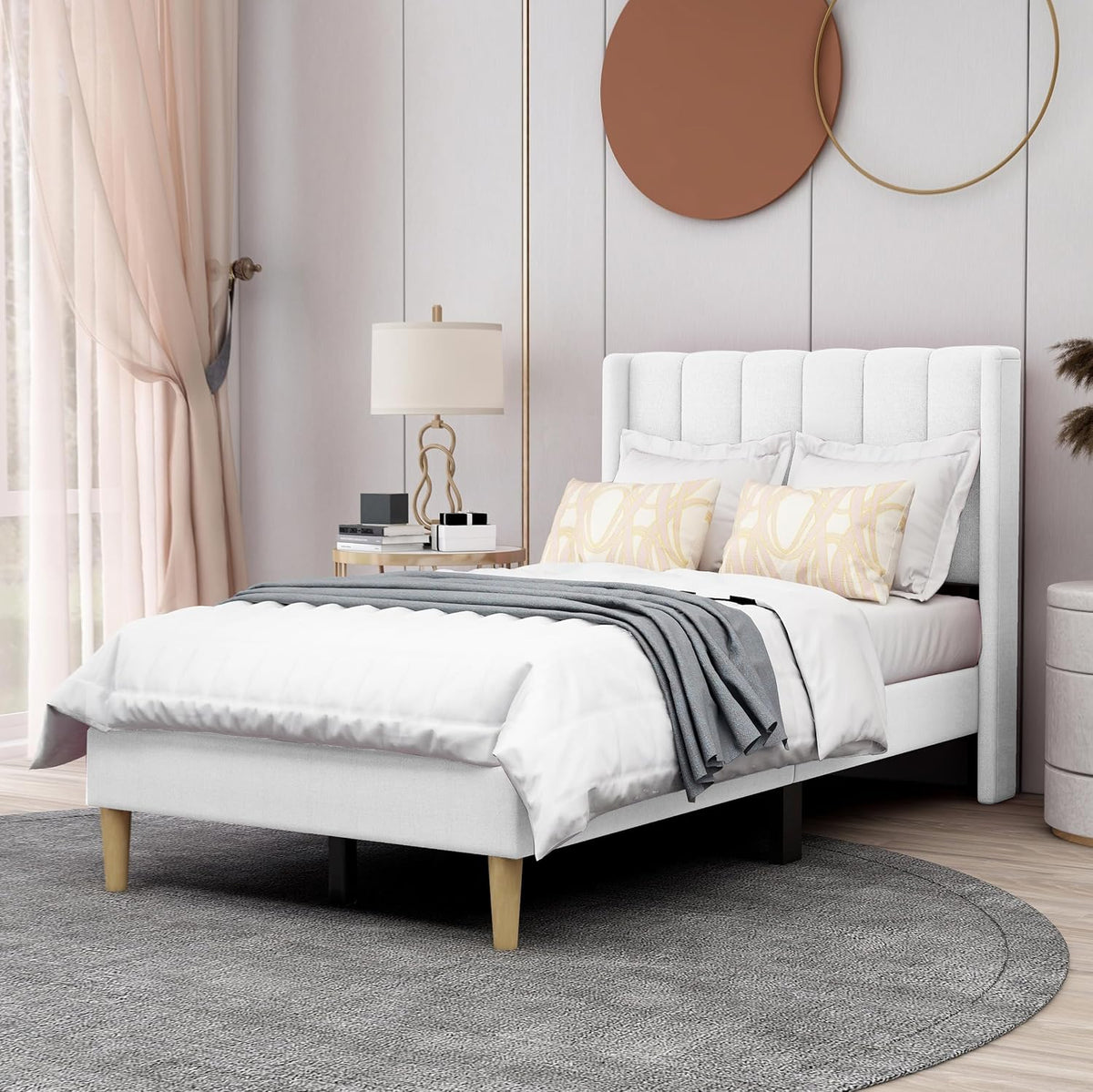 White Linen Upholstered Twin Bed Frame