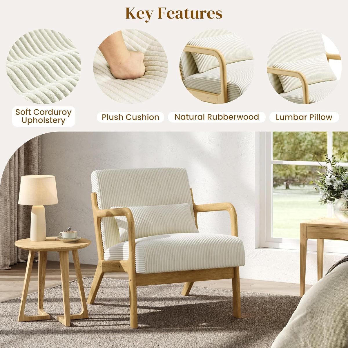 Beige Corduroy Mid‑Century Accent Chair