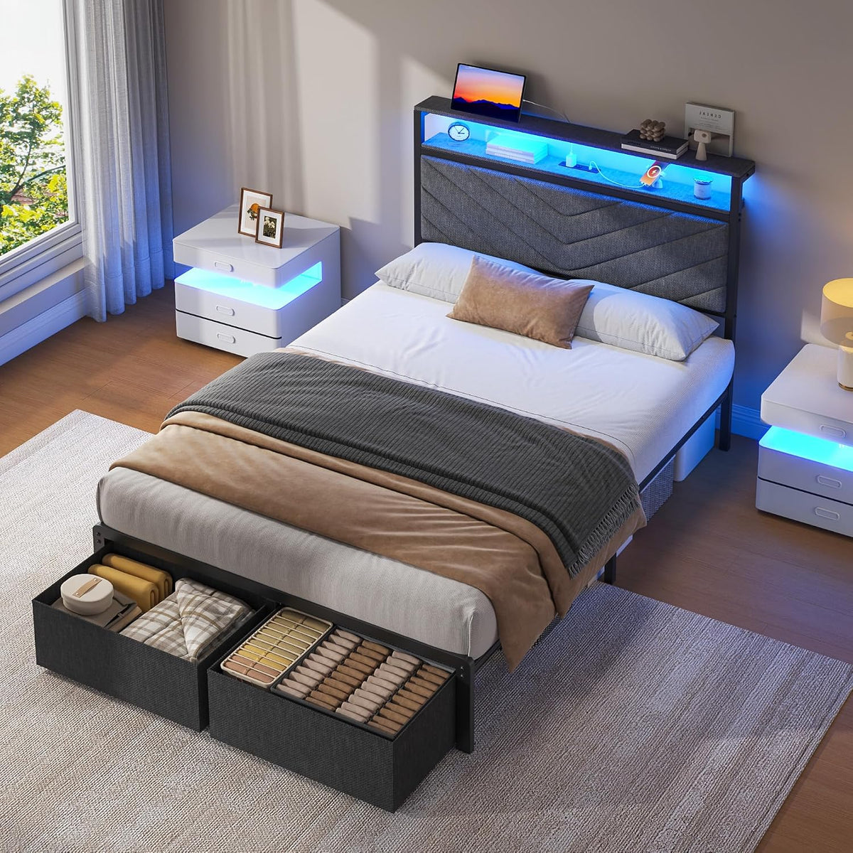 Grey LED Storage Upholstered Twin Bed Frame