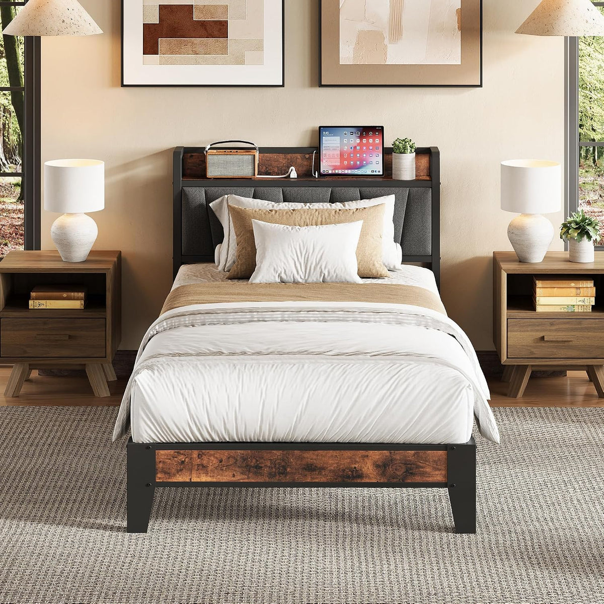Storage Charging‑Station Twin Bed Frame