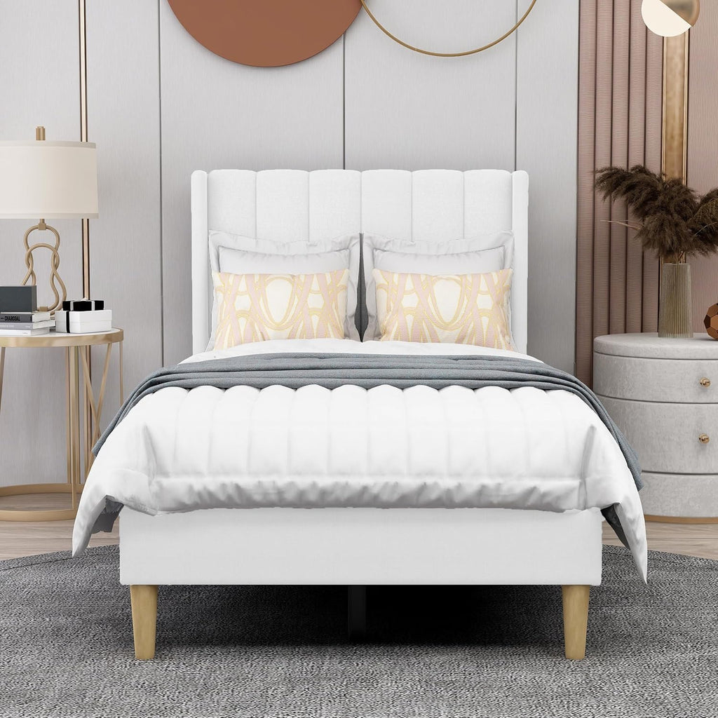 White Linen Upholstered Twin Bed Frame