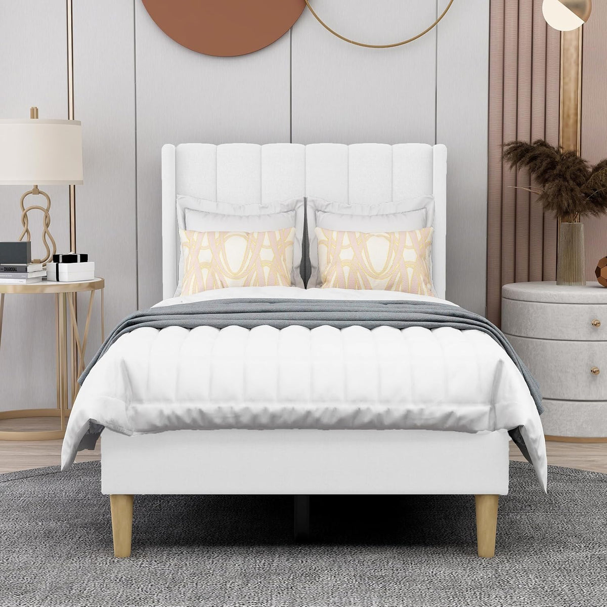 White Linen Upholstered Twin Bed Frame