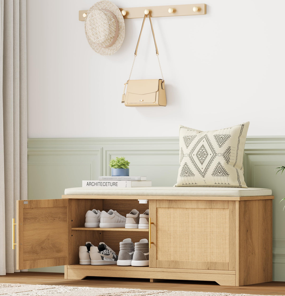Natural Rattan Entryway Shoe Storage Bench