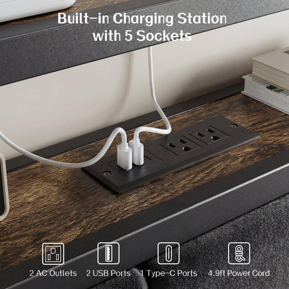 LED Charging‑Station Twin Platform Bed Frame